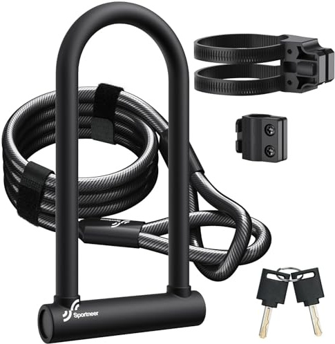 Sportneer Bike Lock: Heavy Duty Bike U Lock with 6ft Security Steel Cable - 18mm Shackle Bicycle U-Locks with Keys and Sturdy Mounting Bracket for Road Mountain Bike Bicycle, Size 11.5''x6.25''