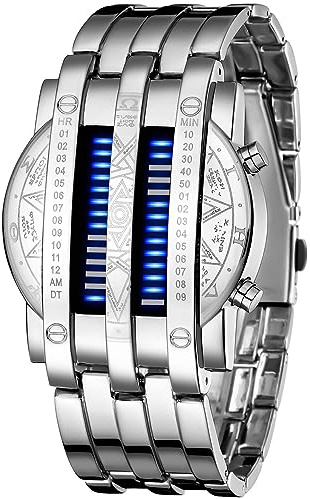 Orologio da polso da uomo, creativo, binario, digitale, unico, a matrice, a LED, futuristico, in acciaio inox, U Argento Blu, Moda