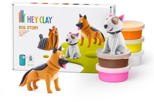 HEY CLAY Histoire de Chiens: 6 boîtes de pâte à modeler | Activité manuelle pour enfants | Argile autodurcissante (Yorkshire, Berger, Bull-Terrier)