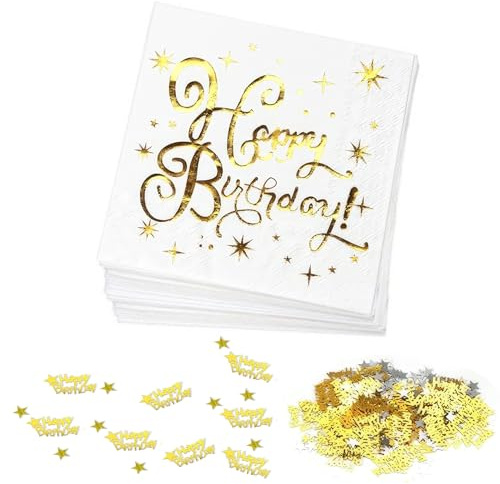 40 st Happy Birthday-pappersservetter, 2-lagers rullade vita och guldservetter, 2 lager grattis på årets födelsedag gyllene papperstapkins perfekt för födelsedagsfestdekoration firande
