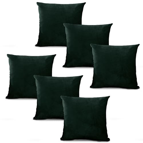 Hafaa Velvet Cushions with Covers Included Sets 12 (6 Dark Green Cushion Covers, 6 Cushion Inserts 45cm x 45cm) Luxury Decorative Fluffy Square Throw Pillow Case Sofa Cushion with Invisible Zipper