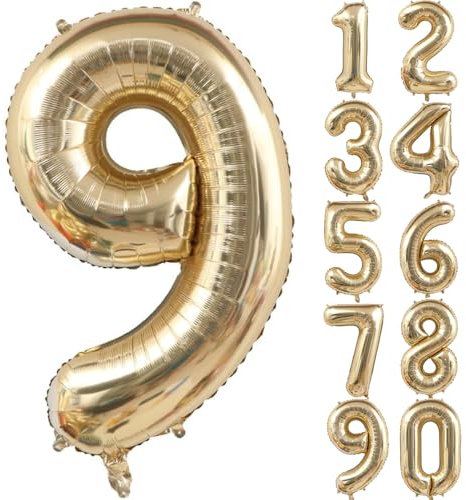 Ballon doré en forme de chiffre 101 cm - Ballon doré clair champagne pour 9e anniversaire - Ballon gonflable géant pour fête, mariage, anniversaire d'enfant (numéro 9)