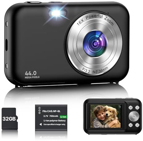 Digitalkamera, Fotokamera Kompaktkamera mit 32GB Karte, 1080P 44MP Kamera Fotokamera mit 16X Digitalzoom und 1 Batterien, 2.4” LCD Kamera für Kinder, Teenager, Anfänger (Schwarz)