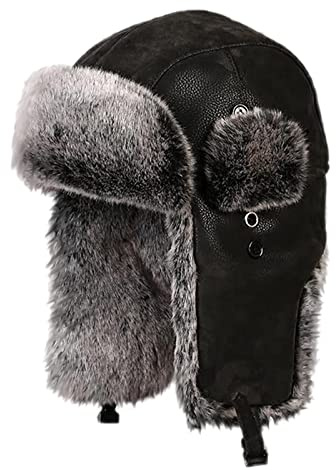 TREWQ Sombrero De Cuero Masculino Piel Rusa Sombrero Soviético Ushanka Cosaco Sombrero De Invierno Orejeras Esquí Tocado Piel Orejeras Casco Black 1-62cm