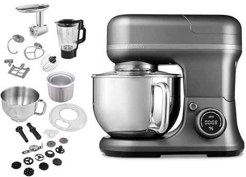 MEDION Robot de cuisine universel 4 en 1 (1 200 watts, 8 vitesses, mélanger pétrir remuer hacher la viande, bol à glace pour la préparation de glaçons, écran digital, MD18440) Titan