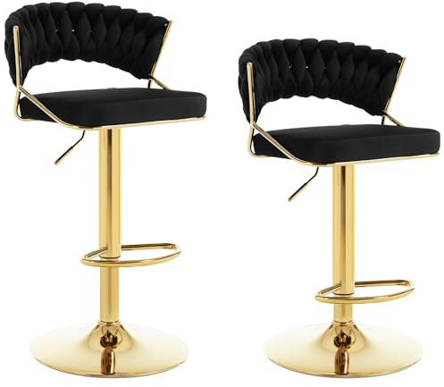 WOLTU Barhocker 2er Set höhenverstellbar, Barstühle 360° drehbar, Küchenhocker mit geflochtener Rückenlehne Fußstütze, Samthocker Metall, Schwarz, BH427sz-2
