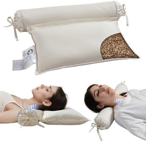 LOFE Buckwheat Pillow - 3 Point Support Buckwheat Hull Pillow for Less Pain, 2IN1 Tartary Buckwheat Neck Roll Pillow for Best Support, Adjustable Cervical Neck Pillow with Organic Cotton Pillowcase