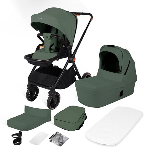 BabyVoyage Cochecito para recién nacidos a niños pequeños, Carro bebe con toldo para el sol, asiento reclinable y cesta de almacenamiento, color verde