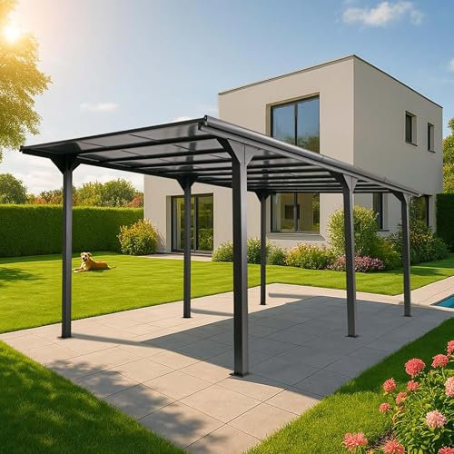 Alu-Pergola HWC-O23, Pavillon Terrassenüberdachung, stabiles 10cm-Gestell Polycarbonat-Dach Regenrinne 3x6m - anthrazit