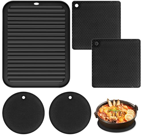 5 Pezzi Sottopentola Silicone, 30 X 23 cm Antiscivolo Cucina Tappetino Drenante, Presine Silicone da Cucina, Resistente al Calore Fino a 230 °C, Può Essere Appeso in Nero Tappetino