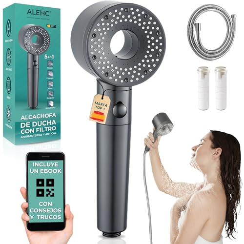 ALEHC® Alcachofa de Ducha con Filtro – Reduce Cal y Cloro – Piel y Cabello Más Suaves – 5 Modos Ajustables – Incluye Manguera 1,5 m + Filtro de Recambio