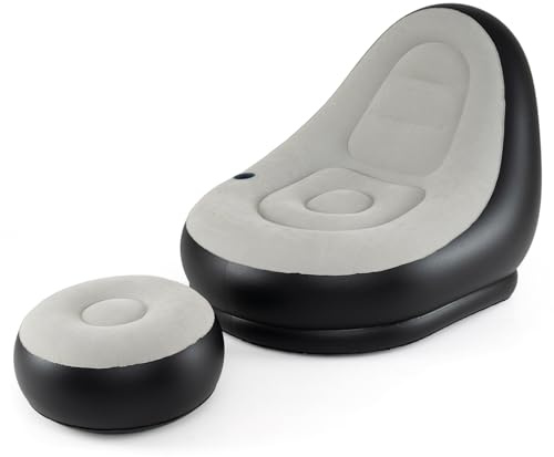 COSTWAY Inflatable Lounge Chair & Footstool, 2-Piece Portable Blow Up Lounger Ottoman Set with Built-in Cup Holder, Single Air Sofa Couch Floor Chaise Lounge Seat for Gaming Reading Movie Watching