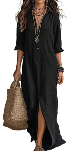 Women's Button V Neck 3/4 Sleeve Shirt Dress | Elegant Summer Fall Casual Solid Color Work Dresses Roll-up Sleeve Maxi Dress with Split