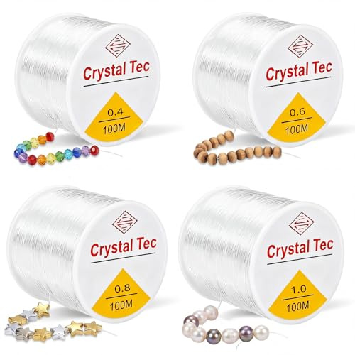 Lot de 400m Fil Élastique Transparent pour Perles, Fil Elastique pour Bracelet Resistant, 4 Épaisseurs 0.4/0.6/0.8/1mm pour Création et Bijoux DIY
