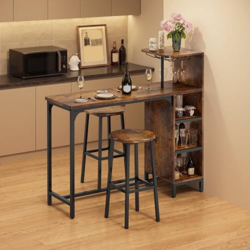 Xbro Ensemble Table de Bar avec 2 Tabourets, Table de Bar Style Industriel avec Porte-Verres, Porte-Bouteilles, Casier à Vin, Étagères Latérales, 120 × 40 × 120 cm, Rétro Brun