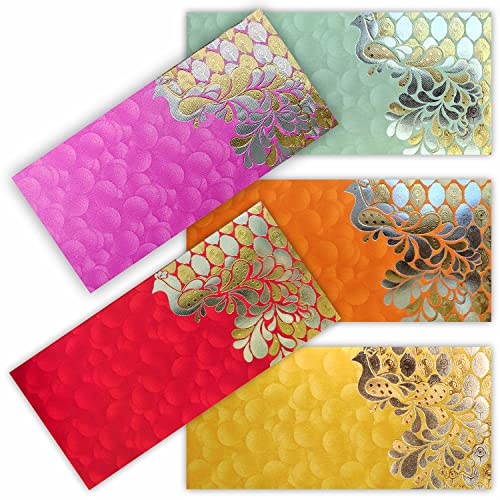 PARTH IMPEX Shagun Gift Envelope for Cash (Pack of 50) 7.5 x 3.5 Peacock Feather Gold Silver Foil Stamping Assorted Color Money Holder Card for Christmas Diwali Birthday Wedding Graduation