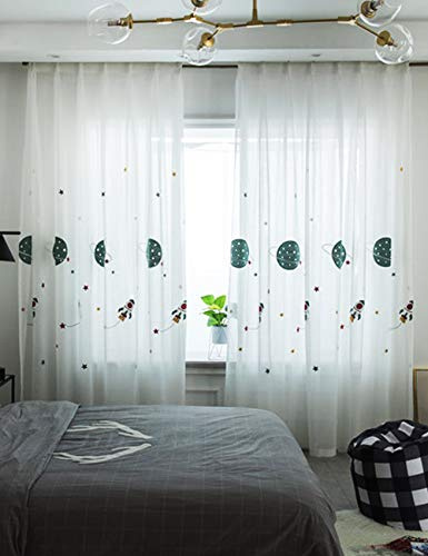 Lactraum Rideau pour chambre d'enfant garçon transparent blanc avec œillets brodés, planète, étoiles, vaisseau spatial, voile 100 x 245 cm