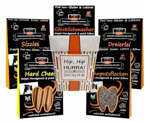 QCHEFS Geburtstagsbox| Hundegeburtstag| Hund Geburtstag Geschenk| Hunde Geburtstagsgeschenk| Natur schenkt gesunde Zähne| Zahnpflege-Snack| Hüttenkäse Kauknochen| Mundgeruch & Zahnstein Weg!