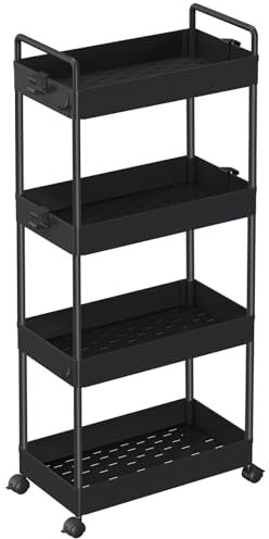 SOLEJAZZ Rollwagen, Küchenwagen mit 4 Ebenen, Mobiler Aufbewahrungsregal-Organizer für Küche, Bad, Waschküche, Schlafzimmer, schmale Plätze, Kunststoff, mit Griffen, 22 x 40 x 86.3cm,Schwarz