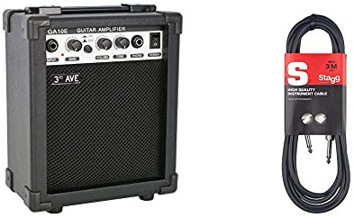3rd Avenue 10W Guitar Amplifier with Headphone Output, Overdrive Switch, Tone Control – Portable Compact Practice Amp – Black & Stagg SGC3 3m, Phone to Phone Plug Instrument Cable, Black