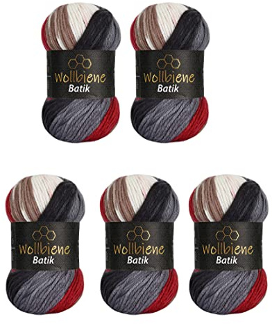 5 x 100g Wollbiene Batik 500 Gramm Wolle mit Farbverlauf mehrfarbig Multicolor Strickwolle Häkelwolle (2050 grau rot braun)