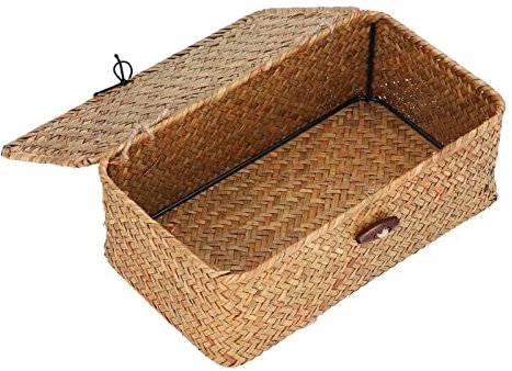 Storage Baskets with Lids,Shelf Seagrass Storage Baskets Rectangular Wicker Basket,Natural Rattan Woven Organizer Box for Makeup Clothes,Decorative Container for Bathroom,Living Room, Kitchen(S)