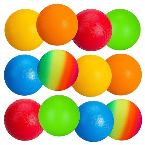 INPODAK 12 Paquets de Ballons de Jeux 8.5 Pounces Kickball Dodgeball Set Ballon Gonflable avec Pompe RainbowBall Balle Rebondissante Souple Balle pour Jardin et Plage