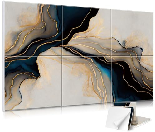 JBER Akustikpaneler med konst, 6 st. självhäftande paneler som bildar stora målningar, ljudabsorberande paneler för inspelningsstudio, vardagsrum och sovrum, 120 x 68 cm (svart, guld marmor)