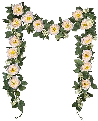 Tuocal 2 Pcs/11.5FT Artificial Rose Vine Garland, Fake Flowers Vines Faux Hanging Rose Garland for Home Wedding Party Garden Craft Art Wall Decoration, Champagne