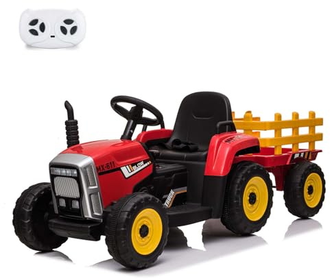 12V Kids Ride On Tractor Battery Powered Electric Tractor with Trailer, EVA Treaded Tires, LED Headlights, Remote Control, 2+1 Gear Shift, MP3, USB (Red)