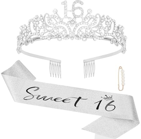 Semato Birthday Crown and Sweet 16 Sash Glitter Kit for Girls - Silver Metal Costume Circlet, Gold Shiny Cloth Sash with Pearl Pin - 16th Birthday Party Supplies and Favors