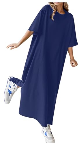 WVONIF Femme Maxi Robe T-Shirt Trapèze Mi-Longue de Plage Vacances Col V Florale Imprimé Pois Boho Décontractée Ample Midi Portefeuille (Marine, XXL)