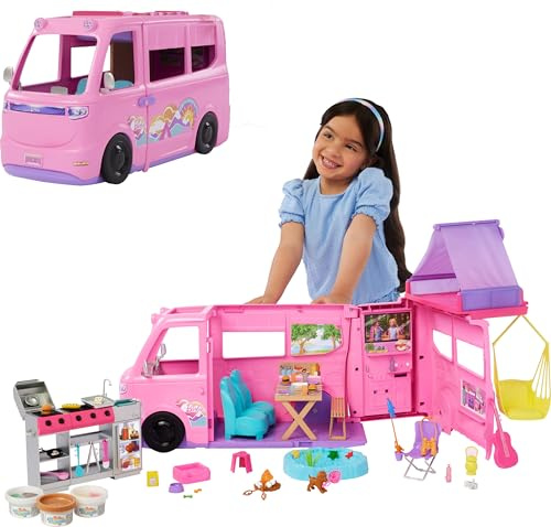 Barbie Súper Caravana DreamCamper Conjunto de juego con tienda de campaña en el techo, columpio, estanque de pesca, barbacoa con función de cambio de color y más de 60 accesorios, incluida masa, HRJ78