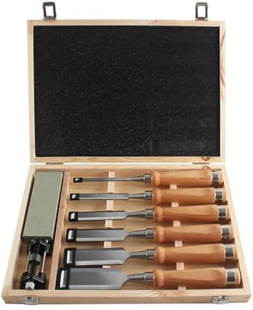 HODYANN 8 Pieces Wood Chisel Tool Sets, 11.4in Woodworking Carving Chisel Kit with Honing Guide, Sharpening Stone and Wooden Case