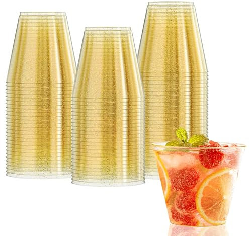KOOSREEL Gobelets en plastique, 50 Pack Gobelets en plastique 270ml/9oz avec paillettes en plastique réutilisables Verres en Plastique Dorés pour boissons, cocktails,mariages, fêtes, Noël