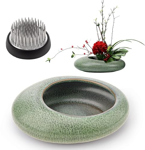 Folmywy - Set för Ikebana-blomsterarrangemang med japansk ranaformade vas, inklusive 1,57 tums Kenzan, keramisk stjälkstöd för blommor, rund grön skål för