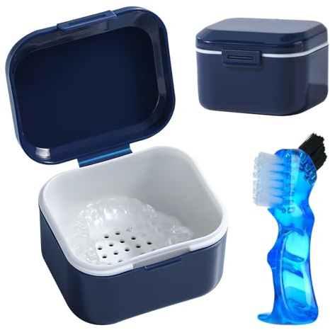 GmeDhc Caja Aparato Dental con Postiza Cepillo Limpiador, Caja de Dentaduras Postizas con Filtrar, Funda Aparato Dental Ortodoncia, Contenedor por Alineadores Dentales
