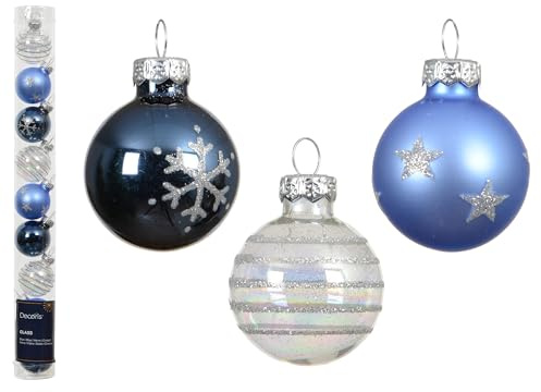 Weihnachtskugeln Glas mit Motiven 3cm 9er Set - kleine Christbaumkugeln Weihnachtsbaumkugeln für Weihnachten - Christbaumschmuck & Weihnachtsbaumschmuck Blau Weiß Mix