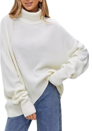 JFAN Donna Maglione Maglia a Collo Alto Leggero Elegante Pullover Maniche Lunghe Classica Tinta Unita Maglioni Sciolta Invernale Autunnali Bianco M
