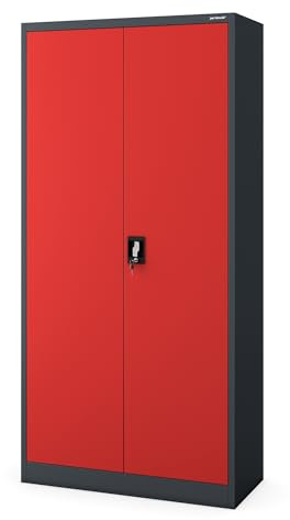 Jan Nowak Armoire de Bureau C34 Métallique à Dossiers à Outils Revêtement par Poudre Métal Verrouillable 185 cm x 90 cm x 45 cm (Anthracite-Rouge)
