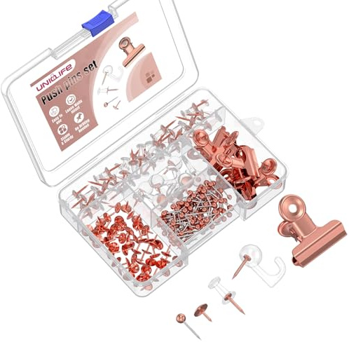 Uniclife 200 st tryckstift i roséguld för vägg, 5 stilar tryckstift för korkbräda och anslagstavla, häftstift väggkrokar set för bilder, foton, noter konst och inredning