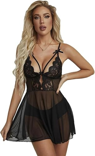 XFSRG Sexy Lingerie Donna Babydoll in Pizzo Trasparente Sottoveste Romantica Elegante Vestito da Notte per Occasioni Speciali (Nero S)