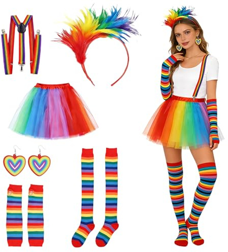 Forbabe Disfraz de arco iris para mujer, falda de tul, tirantes coloridos, guantes sin dedos, calcetines coloridos sobre la rodilla, pendientes para fiestas temáticas, actuaciones escénicas, carnaval