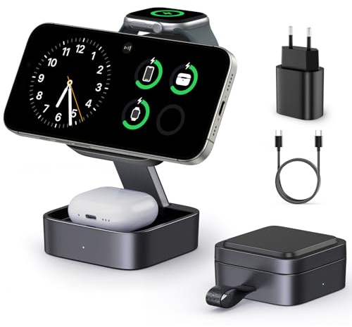 Stazione di ricarica 3 in 1 per Apple, caricabatterie da viaggio magnetico pieghevole veloce compatibile con Mag-Safe per iPhone 17e/17/16/15/14/13/12/Air, Apple Watch & AirPods Pro/4/3/2
