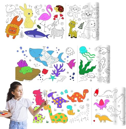 FrostyFlair Rollo de Dibujo para Niños, 3 Piezas Papel de Dibujo Autoadhesivo 300x30cm, Rollo de Colorear DIY Graffiti con Diseños de Dinosaurios y Animales