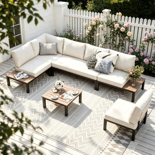 PHI VILLA 6 Seater Metal Garden Furniture Sets, L Shaped Modular Outdoor Corner Sofa Set All Weather for Patio with Cushions and Coffee Table, Beige-Gray