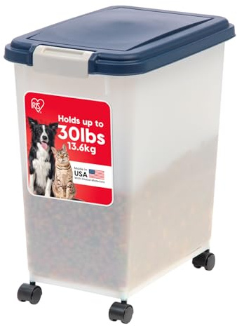IRIS USA Airtight Dog Food Storage Container, Up to 30 lbs, Attachable Wheels, for Dog Cat Bird and other Pet Food Storage Bin, Keep Fresh, Easy Mobility, BPA Free, Navy/Pearl