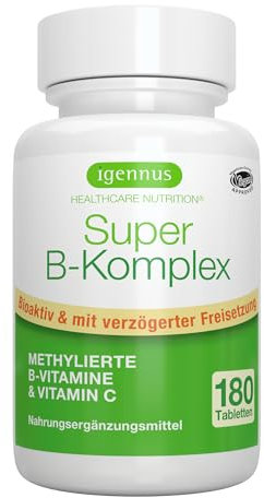 Igennus Super B Komplex – methylierter B-Vitamin Komplex, 180 Tabletten, Clean Label mit Methylcobalamin, Methylfolat plus Vitamin C, hochdosiert, vegan