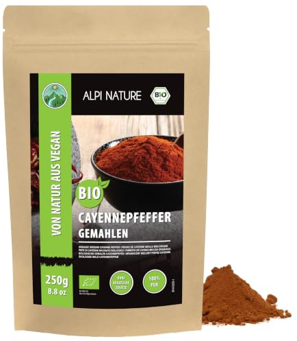 Alpi Nature Organic Cayenne Pepper Powder 250g 8.8 oz, Ground Cayenne Chilli Pepper, Hot Chilli Powder
