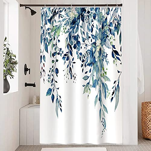 Uiiooazy Duschvorhang 120x180cm, Duschvorhang Anti Schimmel Blau Blätter Weiß Blumen Aquarell Pflanzen Duschvorhänge Stoff Waschbar Wasserdicht Polyester Bad Vorhang mit 8 Haken für Badezimmer